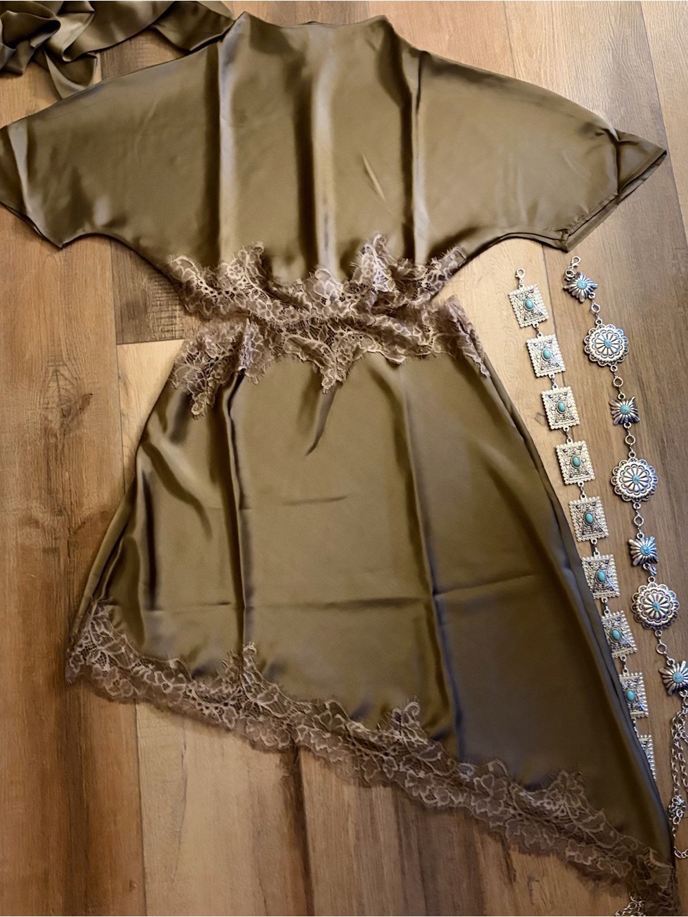 Olive Green Lace-Trim Satin Chemise Nightdress - Picture 6 of 7